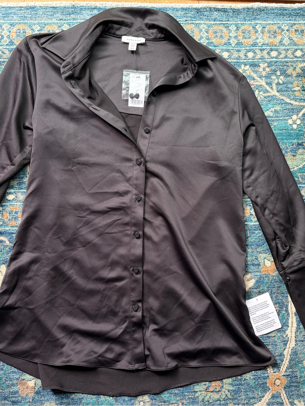 Topshop Black Satin Button-Down Shirt